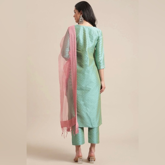 Sea Green Floral Embroidery Kurta Set With Bhaglpuri Silk Dupatta, size XXL - Picture 2 of 9